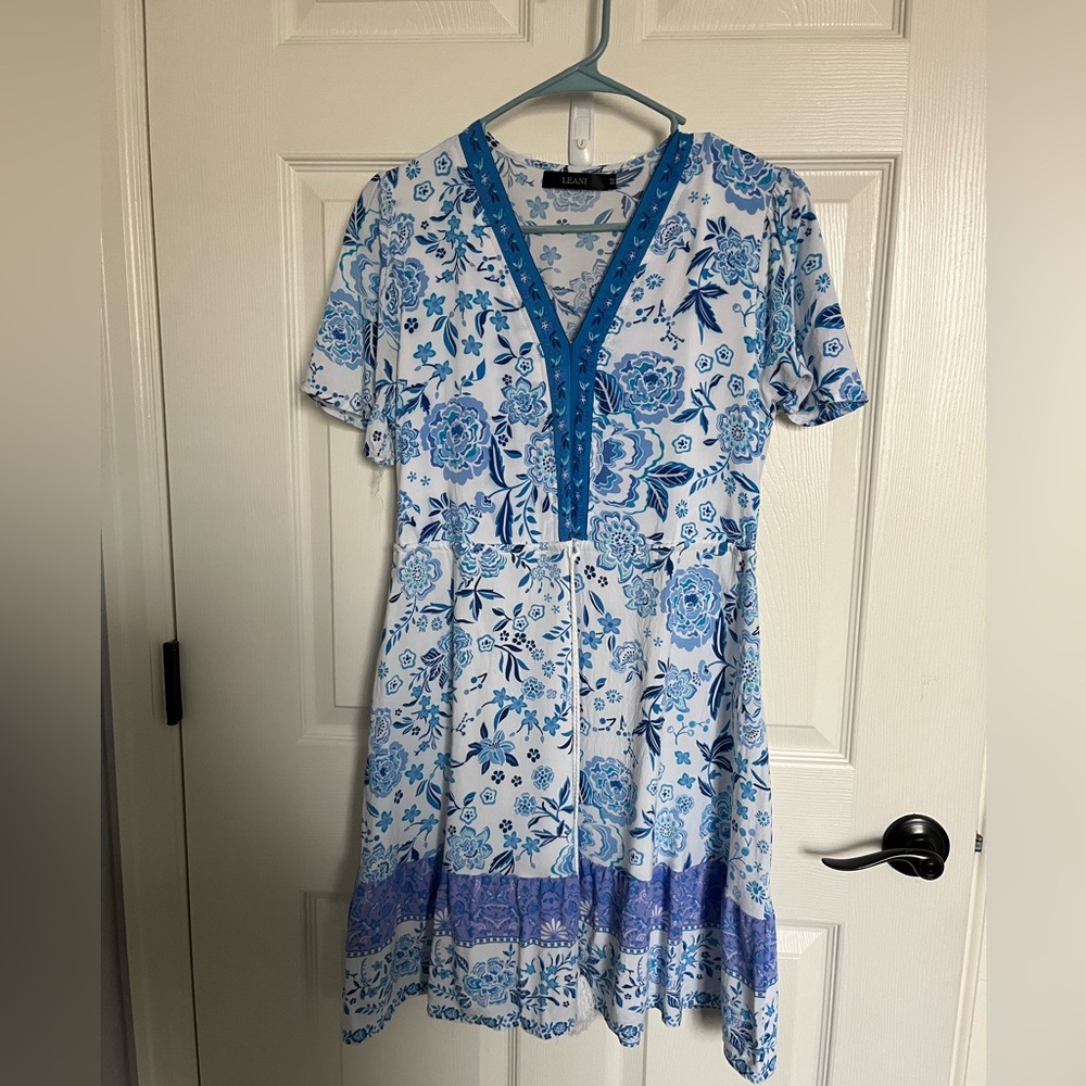 Women Summer Floral Print V Neck Short Sleeve Dress Mini Boho Ruffle Swing Dress